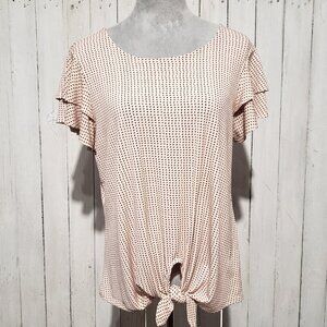 Adrianna Papell M Top Pink Black Dot Flutter Tie Cottage Coquette Twee Fairy